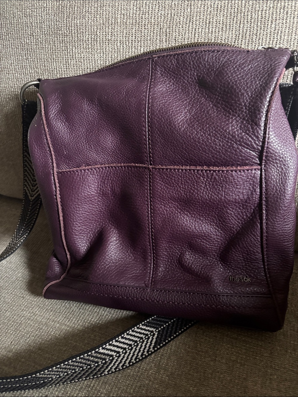 The Sak Plum Leather Messenger Bag with Patterned Strap